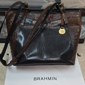 Brahmin Dark Brown and Black Leather Croc-Embossed Tote